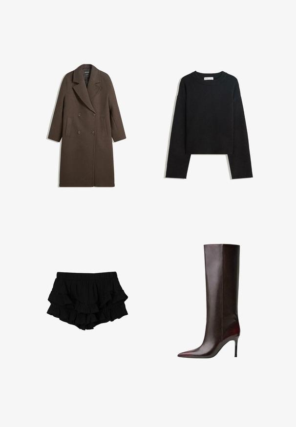 Brun dobbeltbrystet uldfrakke med brede revers, fire knapper, lange ærmer og to frontslidslommer, lagt fladt på hvid baggrund.; Sort langærmet strikket sweater med rund hals, ribbede manchetter og kant samt cropped længde.; Sorte rynkede shorts med elastisk talje, der har tre lag af flæser og en subtil tekstureret stof, hvilket skaber en lagdelt silhuet.; Brun læder knæhøj støvle med spids tå-design, glat tekstur og stiletto hæl. Syninger langs siden.