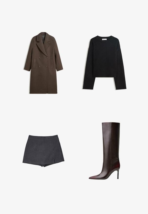 Brauner doppelt gepolsterter Wollmantel mit breiten Revers, vier Knöpfen, langen Ärmeln und zwei vorderen schrägen Taschen, flach auf einem weißen Hintergrund ausgelegt.; Schwarzer langärmeliger Strickpullover mit Rundhalsausschnitt, gerippten Bündchen und Saum sowie verkürzter Länge.; Dunkelgraue Shorts mit einem Streifenmuster, ausgestattet mit einem seitlichen Reißverschluss und einem leicht ausgestellten Saum mit kleinen Schlitzen.; Braune Leder-Stiefel bis zum Knie mit spitzem Zehendesign, schlanker Textur und Stiletto-Absatz. Nahtverarbeitung entlang der Seite.