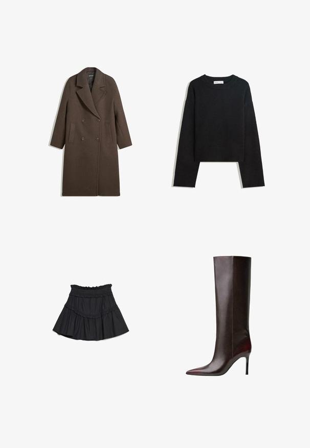 Rjav dvoredni volnen plašč s širokimi reverji, štirimi gumbi, dolgimi rokavi in dvema sprednjima žepoma, položen na belo podlago.; Črna dolga pletena pulover z dolgimi rokavi, krojnim izrezom, rebrastimi manšetami in robom ter krajšo dolžino.; Črna, večslojna mini krila iz mehkega blaga z naborki ob pasu in robu, ki ima razširjen kroj in elastičen pas.; Rjavi usnjeni škornji do kolen s koničastim nosom, sijoča tekstura in stiletto peto. Šivana obdelava ob strani.