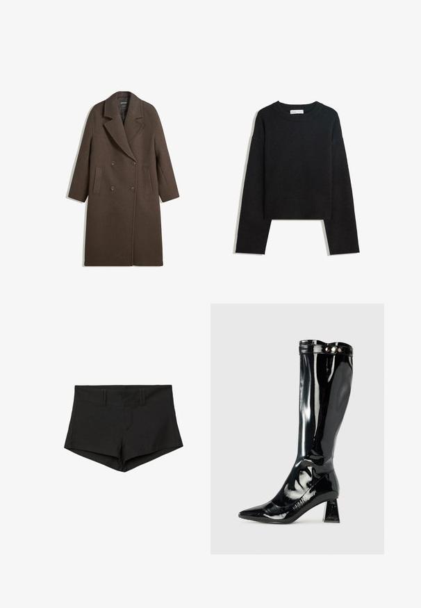 Brązowy podwójnie zapinany wełniany płaszcz z szerokimi klapami, czterema guzikami, długimi rękawami i dwoma przednimi kieszeniami szczelinowymi, leży płasko na białym tle.; Czarny sweter z długim rękawem, dzianinowy, z okrągłym dekoltem, ribbowymi mankietami i dolnym wykończeniem oraz skróconą długością.; Czarne bawełniane szorty o dopasowanym kroju, z wysokim stanem i kieszeniami bocznymi. Materiał ma gładką strukturę i minimalną ilość szwów.; Czarne, lakierowane, wysokie do kolan botki z wydłużonym noskiem, geometrycznym obcasem w formie słupka i błyszczącym wykończeniem, z ozdobnym guzikiem na górze.
