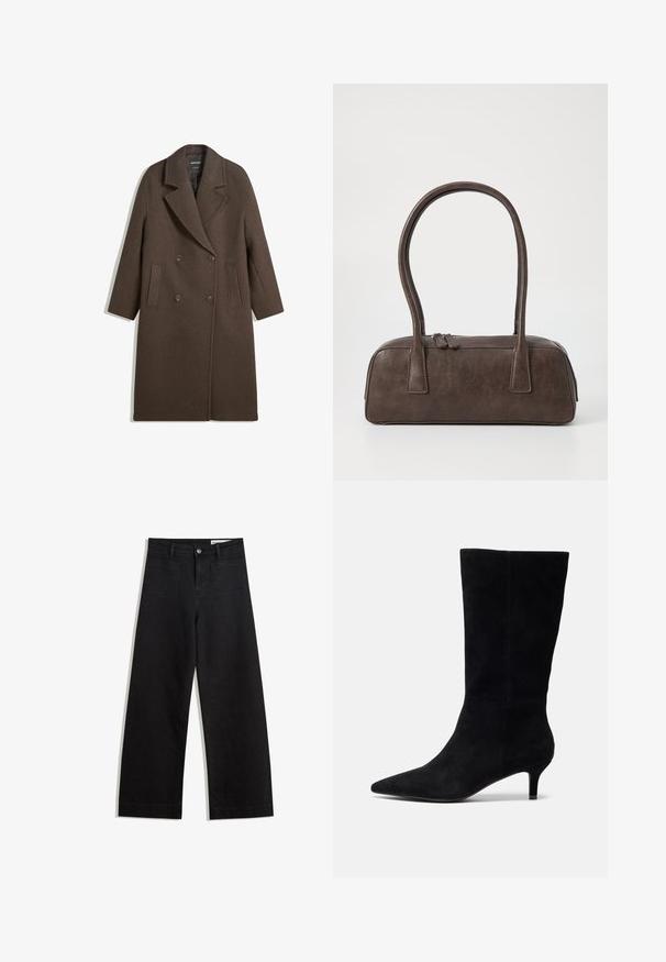 Bruine dubbel-breasted wollen jas met brede revers, vier knopen, lange mouwen en twee voorzakken, plat gelegd op een witte achtergrond.; Zwarte lange mouwen gebreide trui met ronde halslijn, geribde manchetten en zoom, en een cropped lengte.; Zwarte denim broek met wijde pijpen en een hoge taille, voorzien van voor- en achterzakken, gestikte naden en een knoopsluiting. Gladde textuur.; Zwarte nubuck enkellaars met een spitse neus, slanke hak en een gladde textuur, met een aansluitende silhouet en geen zichtbare hardware.; Bruine leren handtas met twee stevige handvatten, rechthoekige vorm, gladde textuur en ritssluiting. Minimalistisch ontwerp zonder zichtbare patronen.