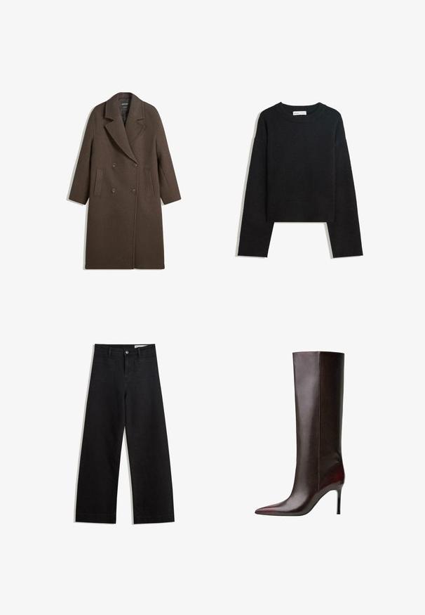 Barna, dupla soros gyapjú kabát széles hajtókákkal, négy gombbal, hosszú ujjakkal és két elülső hasíték zsebbel, fehér háttéren elterítve.; Fekete, hosszú ujjú kötött pulóver, kerek nyakkivágással, ribbölt mandzsettákkal és aljjal, valamint rövidített hosszal.; Fekete, bő szabású farmernadrág magas derékkal, elülső és hátsó zsebekkel, varrott felületekkel és gombos záródással. Sima textúra.; Barna bőr térdfeletti csizma hegyes orral, sima felülettel és tűsarokkal. Oldalt varrás részletek.