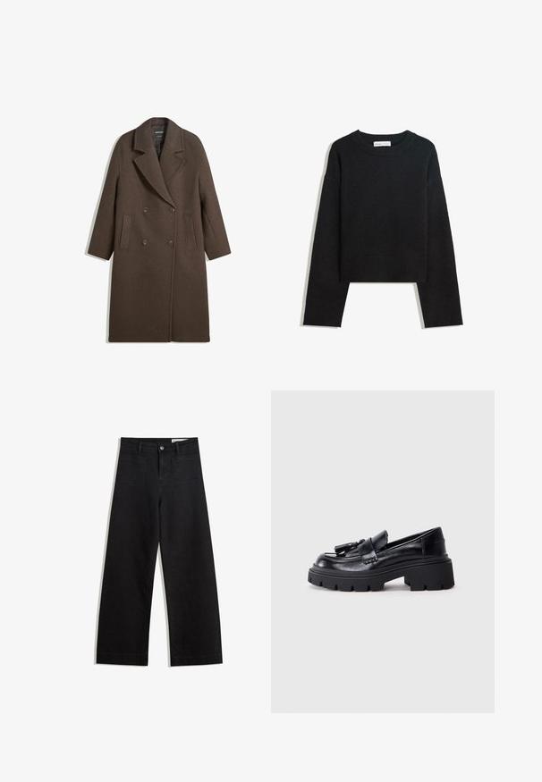 Bruna villakangastakki, jossa on leveät läpät, neljä nappia, pitkät hihat ja kaksi etureikätaskua, aseteltuna tasaisesti valkoiselle taustalle.; Musta pitkähihainen neulepaita pyöreällä kaula-aukolla, ribbireunuksilla hihoissa ja helmassa sekä lyhyellä mitalla.; Mustat leveät farkut korkealla vyötäröllä, joissa on etu- ja takataskut, ommellut saumat ja nappisuljenta. Silkinoinen rakenne.; Musta nahkakengät, joissa on paksut, epätasaiset pohjat, koristeellinen sulka etuosassa ja sileä, kiiltävä pinta.