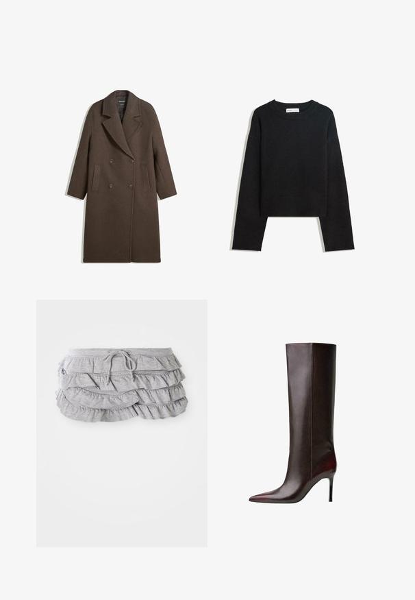 Hnědý dvouřadý vlněný kabát s širokými klopami, čtyřmi knoflíky, dlouhými rukávy a dvěma předními šikmými kapsami, položený na bílém pozadí.; Černý pletený svetr s dlouhým rukávem, kulatým výstřihem, vroubkovanými manžetami a lemem, a zkrácenou délkou.; Šedá sukňa s volánkovým designem a vrstvenou tkaninou, s páskem na stažení, měkkou texturou, zakončenými okraji a kaskádovými volánky.; Hnědá kožená vysoká bota po kolena s špičatou špičkou, hladkým povrchem a středně vysokým podpatkem. Švy podél strany.