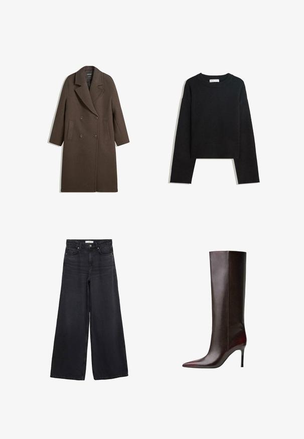 Cappotto di lana marrone a doppio petto con ampi rever, quattro bottoni, maniche lunghe e due tasche anteriori a fessura, steso su sfondo bianco.; Maglione nero a maniche lunghe in maglia con colletto rotondo, polsini e orlo a costine, e lunghezza corta.; Jeans neri a gamba larga realizzati in denim, con vita alta, tasche anteriori e dettagli di cucitura classica lungo le cuciture.; Stivale marrone in pelle fino al ginocchio con una punta affilata, texture elegante e tacco a stiletto. Dettagli con cuciture lungo il lato.