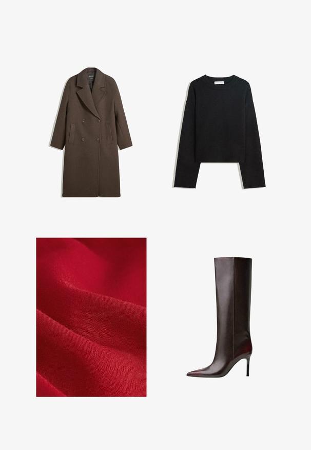 Manteau en laine marron à double boutonnage avec larges revers, quatre boutons, manches longues et deux poches avant fendues, posé à plat sur un fond blanc.; Pull en maille noir à manches longues avec col rond, poignets et ourlet côtelés, et longueur cropped.; Tissu rouge avec une texture lisse, présentant un tissage fin et un léger éclat, affichant de douces plis et contours.; Botte en cuir marron jusqu'au genou avec un design à bout pointu, texture lisse et un talon aiguille. Coutures le long du côté.