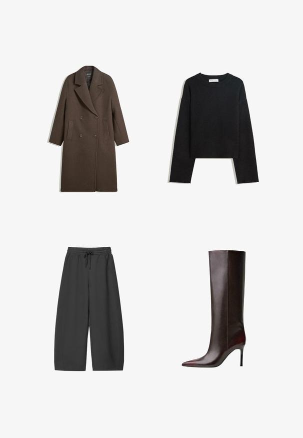 Bruine dubbel-breasted wollen jas met brede revers, vier knopen, lange mouwen en twee voorzakken, plat gelegd op een witte achtergrond.; Zwarte lange mouwen gebreide trui met ronde halslijn, geribde manchetten en zoom, en een cropped lengte.; Zwarte wijde broek gemaakt van zachte stof. Bevat een elastische tailleband met een trekkoord, zijzakken en nette naden.; Bruine leren kniehoge laars met een puntige neus, slanke textuur en een naaldhak. Naaddetails langs de zijkant.