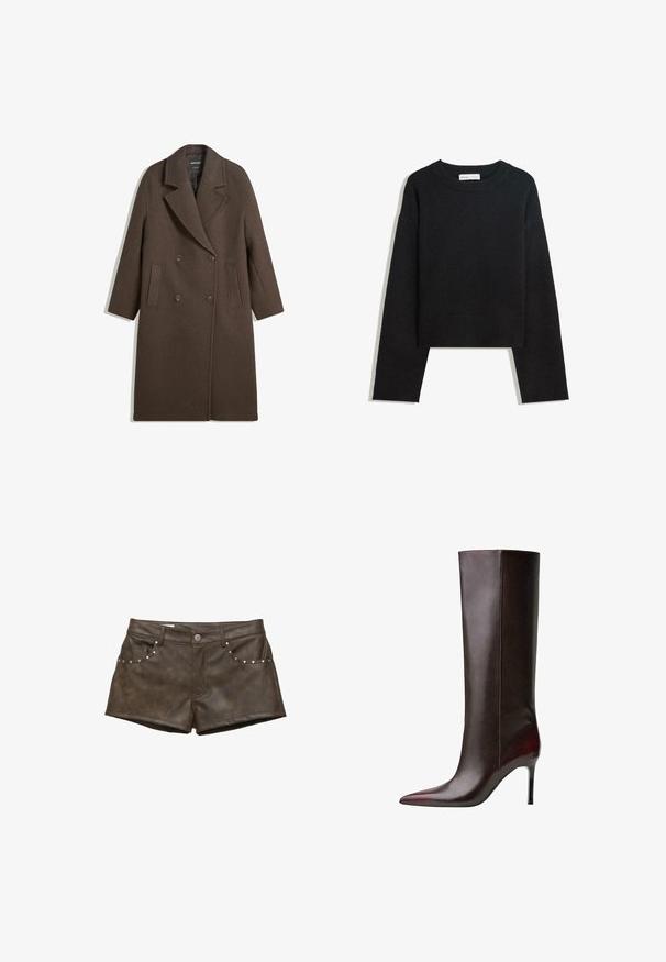 Brun dobbeltbrystet uldfrakke med brede revers, fire knapper, lange ærmer og to frontslidslommer, lagt fladt på hvid baggrund.; Sort langærmet strikket sweater med rund hals, ribbede manchetter og kant samt cropped længde.; Brune faux læder shorts med en glat tekstur, der har sølvstuds på forlommerne og knaplukning.; Brun læder knæhøj støvle med spids tå-design, glat tekstur og stiletto hæl. Syninger langs siden.