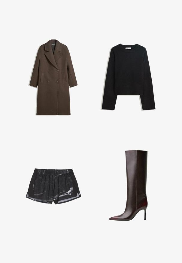 Bruna villakangastakki, jossa on leveät läpät, neljä nappia, pitkät hihat ja kaksi etureikätaskua, aseteltuna tasaisesti valkoiselle taustalle.; Musta pitkähihainen neulepaita pyöreällä kaula-aukolla, ribbireunuksilla hihoissa ja helmassa sekä lyhyellä mitalla.; Mustat urheilushortsit, joissa on harmaa abstrakti kuvio, joustava vyötärö ja sivureiät ilmanvaihtoa varten, valmistettu kevyestä kankaasta.; Korkeavyötäiset ruskeat nahkasaappaat, joissa on terävä kärki, siloinen pinta ja stiletto-korko. Saumaulkoinen yksityiskohta sivuilla.