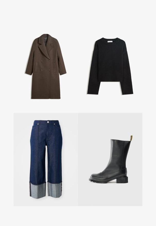 Cappotto di lana marrone a doppio petto con ampi rever, quattro bottoni, maniche lunghe e due tasche anteriori a fessura, steso su sfondo bianco.; Maglione nero a maniche lunghe in maglia con colletto rotondo, polsini e orlo a costine, e lunghezza corta.; Jeans a gamba larga blu scuro con orli piegati che mostrano un denim più chiaro all'interno, con bottone frontale e tasche su sfondo bianco.; Stivale alla caviglia in pelle nera con tacco a blocco, texture liscia, punta rotonda e linguetta sul tallone con branding giallo.
