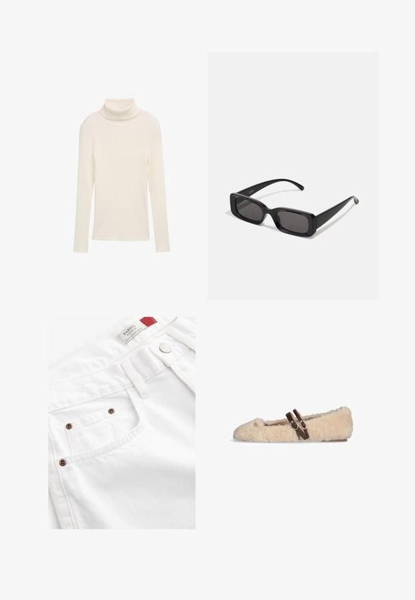 Brązowy podwójnie zapinany wełniany płaszcz z szerokimi klapami, czterema guzikami, długimi rękawami i dwoma przednimi kieszeniami szczelinowymi, leży płasko na białym tle.; Kremowy golf wykonany z prążkowanej tkaniny. Długie rękawy i dopasowany krój. Brak widocznych wzorów lub metalowych akcentów.; Białe dżinsowe szorty z średnim stanem, pięcioma kieszeniami i akcentami w kolorze miedzi. Teksturowany materiał z haftowanymi detalami.; Beżowy, puszysty płaski but z dwiema ciemnobrązowymi, regulowanymi klamrami na górze oraz małym złotym emblematem w pobliżu palca.; Czarne prostokątne okulary przeciwsłoneczne z ciemnymi szkłami, błyszczącym wykończeniem, szerokimi zausznikami i masywną konstrukcją. Wygrawerowana nazwa marki na jednym z zauszników.