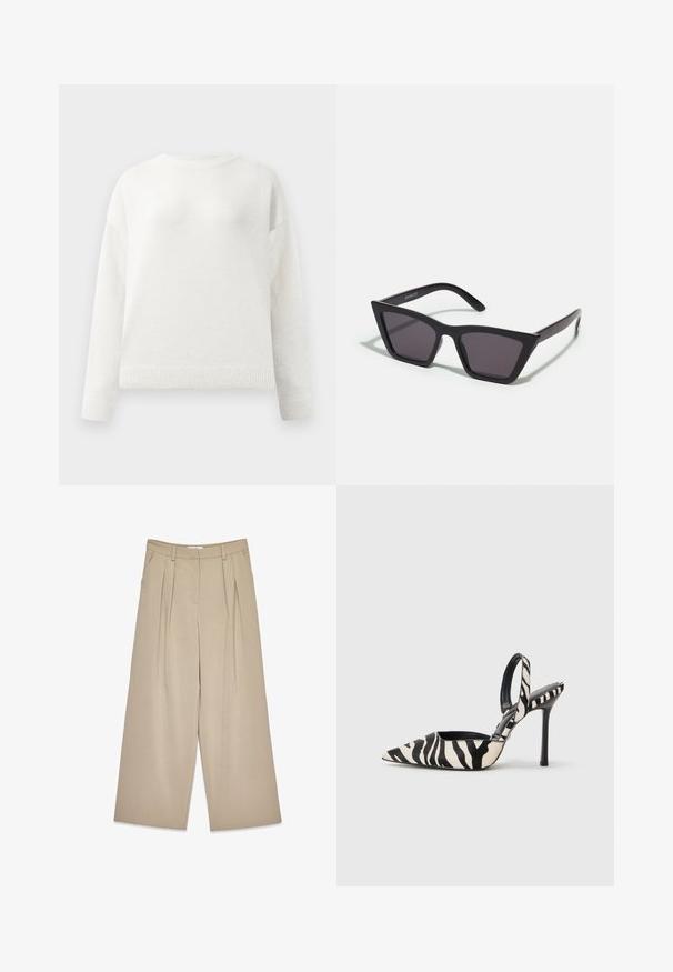 Brun dubbelknäppt ulljacka med breda slag, fyra knappar, långa ärmar och två framfickor, liggande platt på vit bakgrund.; Vit crewneck långärmad tröja med ribbade ärmslut och nederkant, med en mjuk, lätt fluffig textur.; Beige vida byxor med framsöm, sidfickor, bälteshällor och en dold framslutning.; Skarp tå slingback-klack i svart och kräm randig zebra-print, med en slank hög klack och öppen baksida med svart inredning.; Svarta, vinklade solglasögon med grå linser; tillverkade av plast, med tjocka skalmar med en slät yta och utan synlig hårdvara.; Anna Field LEATHER - Fingervantar - black
