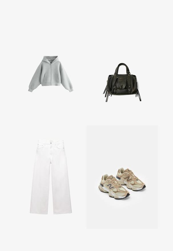 Brun dubbelknäppt ulljacka med breda slag, fyra knappar, långa ärmar och två framfickor, liggande platt på vit bakgrund.; Grå kort zip-up huvtröja i mjukt tyg. Har en huva, två framfickor och vida ärmar. Slät yta utan mönster.; Vita vida jeans i bomull med hög midja, fem fickor och detaljer i mässing. Slät, odistressad yta.; Beiga sneakers i mesh och mockamaterial. Har en svart logotyp och texturerade detaljer. Tjock vit mellansula och svart gummisula.; Svart läderhandväska med flätade handtag, dragkedjefack och hängande pom poms. Texturerad yta med metallnitar och hårdvaruaccenter.