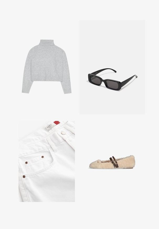 Brązowy podwójnie zapinany wełniany płaszcz z szerokimi klapami, czterema guzikami, długimi rękawami i dwoma przednimi kieszeniami szczelinowymi, leży płasko na białym tle.; Szary, krótki sweter z golfem, z prążkowanymi mankietami i dołem. Wykonany z miękkiego materiału o gładkiej fakturze i prostym designie.; Białe dżinsowe szorty z średnim stanem, pięcioma kieszeniami i akcentami w kolorze miedzi. Teksturowany materiał z haftowanymi detalami.; Beżowy, puszysty płaski but z dwiema ciemnobrązowymi, regulowanymi klamrami na górze oraz małym złotym emblematem w pobliżu palca.; Czarne prostokątne okulary przeciwsłoneczne z ciemnymi szkłami, błyszczącym wykończeniem, szerokimi zausznikami i masywną konstrukcją. Wygrawerowana nazwa marki na jednym z zauszników.