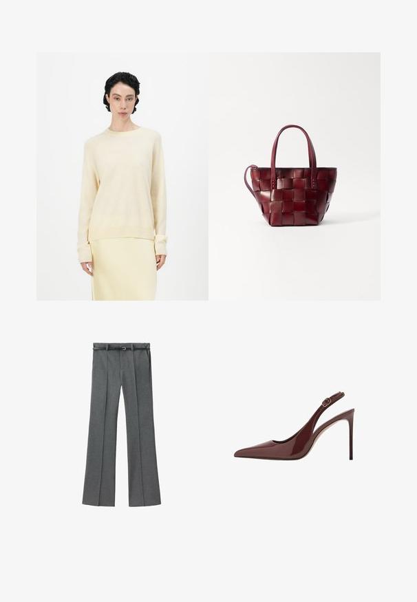 Palton din lână, maro, cu guler lat, cu două rânduri de nasturi, patru nasturi, mâneci lungi și două buzunare frontale cu fante, așezat pe un fundal alb.; Pulover bej deschis cu o croială confortabilă, decolteu rotund și mâneci lungi tip raglan. Textură moale, completată de manșete și tivuri ribbate.; Pantaloni gri ajustați cu un design drept, dintr-un material ușor, cu bucle pentru curea și o curea îngustă care are o cataramă argintie.; Pantofi cu toc înalt slingback din piele laică de culoare marron închis, cu vârf ascuțit, curea reglabilă și toc subțire stiletto.; Geantă de umăr din piele burgundă, țesută, cu două mânere scurte și o curea de umăr detașabilă. Prezintă o formă bine definită și o textură fină.