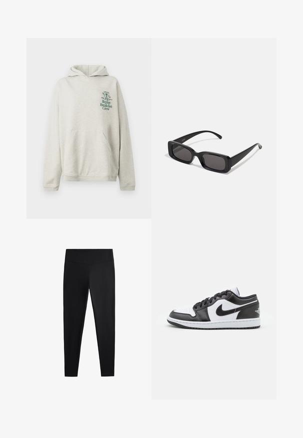 Hnědý dvouřadý vlněný kabát s širokými klopami, čtyřmi knoflíky, dlouhými rukávy a dvěma předními šikmými kapsami, položený na bílém pozadí.; Svetle šedá mikina s kapucí vyrobená z měkké tkaniny, s přední kapsou a kapucí. Zelený potisk s textem a grafikou na levé části hrudi.; Černé legíny vyrobené z hladkého, elastického materiálu. Mají široký pas a zúžený střih nohavic, vhodné pro aktivní nebo volnočasové nošení.; Černobílé nízké tenisky Nike mají hladký kožený svršek, kulatou špičku, šněrování a vzorovanou gumovou podrážku.; Černé obdélníkové sluneční brýle s tmavými skly, lesklým povrchem, širokými ramínky a robustním designem rámu. Vytlačený název značky na jednom ramínku.