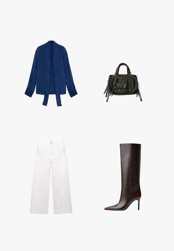 Brun dobbeltbrystet uldfrakke med brede revers, fire knapper, lange ærmer og to frontslidslommer, lagt fladt på hvid baggrund.; Marineblå satin kimono-jakke med lange ærmer, åben front og bindebånd. Glat tekstur og minimalistisk design uden udsmykninger.; Cremefarvet langærmet top med bred halsudskæring og udvidede ærmer. Glat, letvægtsstof. Simpelt, minimalistisk design uden pynt.; Hvide bredde bukser lavet af bomuld, med høj talje, fem-lomme design og messingdetaljer. Glat, ikke-slidt tekstur.; Brun læder knæhøj støvle med spids tå-design, glat tekstur og stiletto hæl. Syninger langs siden.; Sort læderhåndtaske med flettede håndtag, lynlåslomme og hængende frynser. Tekstureret overflade med metalnitter og hardware-accenter.