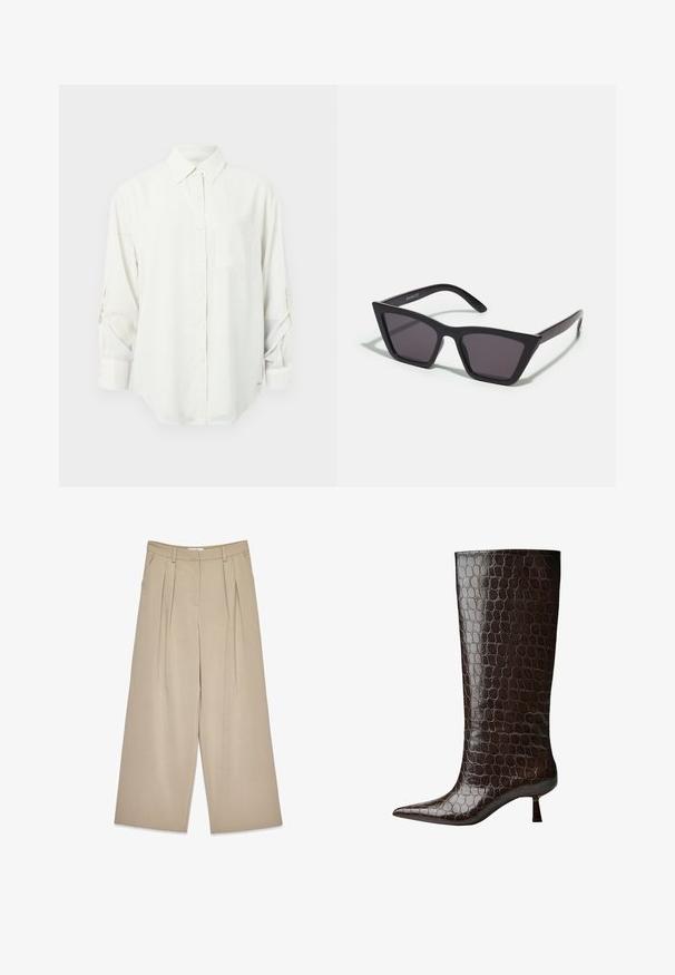 Rjav dvoredni volnen plašč s širokimi reverji, štirimi gumbi, dolgimi rokavi in dvema sprednjima žepoma, položen na belo podlago.; Bela dolgimi rokavi, s kragnico, sramežljivim žepom na prsih in zavihanimi rokavi. Mehka, gladka tkanina in sproščen kroj.; Bež široke hlače z naborki spredaj, stranskimi žepi, zankami za pas in skritim sprednjim zapenjanjem.; Kotni rjavih usnjenih škornjev do kolen s krokodilnim vzorcem, s koničastim nosom in kratko kvadratno peto. Gladka tekstura po celotni površini.; Črne, angularne sončne očala z sivimi lečami; izdelana iz plastike, imajo debele ročke z gladko površino in brez vidne opreme.; Črna usnjena torbica z gladko teksturo, minimalističnim oblikovanjem in enim, ukrivljenim naramnim trakom. Odprta zgornja stran, brez vidne opreme.; Anna Field LEATHER - Rokavice - black