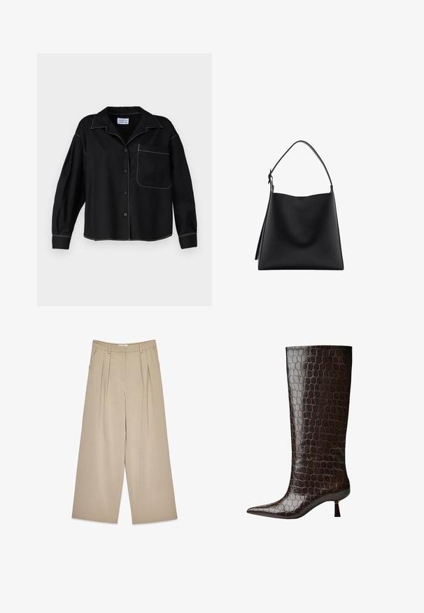 Hnedý dvojradový vlnený kabát so širokými klopami, štyrmi gombíkmi, dlhými rukávmi a dvoma prednými rozparkami, položený na bielom pozadí.; Čierna košeľa na gombíky s golierom, dlhými rukávmi a náprsníkovou vreckom. Biele kontrastné šitie pozdĺž švov. Hladká textúra látky.; Bežové široké nohavice s prednými záhybmi, bočnými vreckami, pútkami na opasok a skrytým zapínaním vpredu.; Hnedé kožené čižmy po kolená s krokodílovým vzorom, špicatou špičkou a krátkym štvorcovým podpätkom. Hladká textúra po celom povrchu.; Čierna kožená kabelka s hladkou textúrou, minimalistickým dizajnom a jedným zakriveným ramenným popruhom. Otvorená vrchná časť, bez viditeľného kovania.; Anna Field LEATHER - Rukavice - black