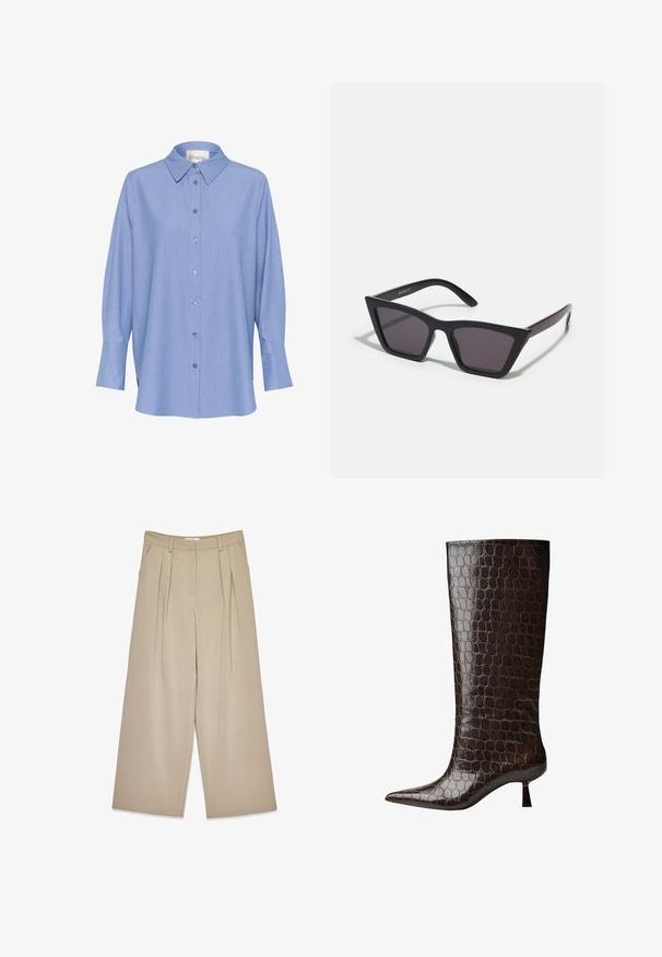 Brown double-breasted wool coat with wide lapels, four buttons, long sleeves, and two front slit pockets, laid flat on white background.; Blue striped long-sleeve shirt featuring a classic collar, button front closure, and long sleeves with cuffs. Fabric appears smooth and lightweight.; Beige wide-leg trousers with front pleats, side pockets, belt loops, and a concealed front fastening.; Knee-high brown leather boots with a crocodile pattern, pointed toe, and a short square heel. Smooth texture throughout.; Black, angular sunglasses with gray lenses; made of plastic, featuring thick arms with a smooth surface and no visible hardware.; Black leather handbag with a smooth texture, minimalistic design, and a single, curved shoulder strap. Open top, no visible hardware.