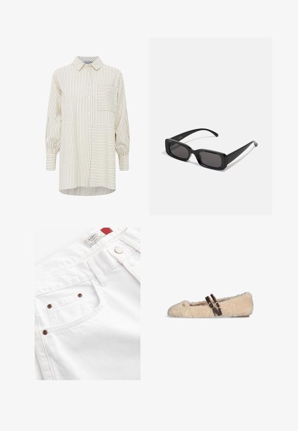 Brown double-breasted wool coat with wide lapels, four buttons, long sleeves, and two front slit pockets, laid flat on white background.; Striped button-up shirt in beige and cream, featuring a chest pocket, long sleeves, and a relaxed fit with a rounded hem.; Beige long-sleeve top with a round neckline and gathered detailing at the sides, crafted from a soft, textured fabric.; White denim shorts featuring a mid-rise design, five-pocket style, and copper-tone hardware accents. Textured fabric with stitched detailing.; Beige fuzzy flat shoe with two dark brown adjustable buckle straps across the top and a small gold emblem near the toe.; Black rectangular sunglasses with dark lenses, glossy finish, wide arms, and a chunky frame design. Engraved brand name on one arm.