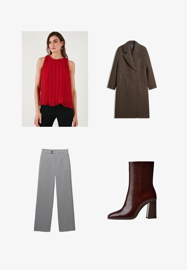 Barna, dupla soros gyapjú kabát széles hajtókákkal, négy gombbal, hosszú ujjakkal és két elülső hasíték zsebbel, fehér háttéren elterítve.; Piros, redőzött ujjatlan felső, kerek nyakkivágással, laza sziluettel és könnyű textúrával. Fekete, testre simuló nadrággal párosítva.; Szürke szabott nadrág széles lábbal, lapos elülső résszel és finom textúrával. Egy gombos záródással és letisztult vonalakkal rendelkezik.; Barna bőr bokacsizma hegyes orral, sima textúrával, és magas, függőleges barázdákkal ellátott blokk sarkával.