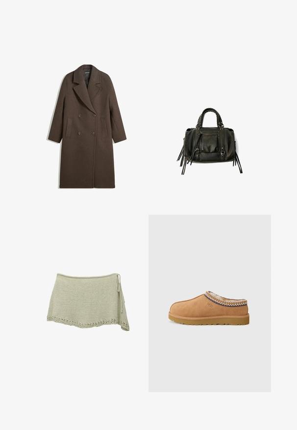 Manteau en laine marron à double boutonnage avec larges revers, quatre boutons, manches longues et deux poches avant fendues, posé à plat sur un fond blanc.; Haut blanc à manches longues avec un col bateau. Fabriqué en matériau doux, il présente des manches évasées et un ourlet droit, offrant un design simple et polyvalent.; Jupe tricotée en vert clair avec un ourlet en dentelle festonnée, lien ajustable sur le côté et un tissu texturé.; Chaussure slip-on en suède beige avec une doublure en laine texturée et des coutures décoratives de style ethnique autour du col. Équipée d'une semelle en caoutchouc.; Sac à main en cuir noir avec des poignées tressées, une poche zippée et des glands suspendus. Surface texturée avec des clous en métal et des accents en métal.