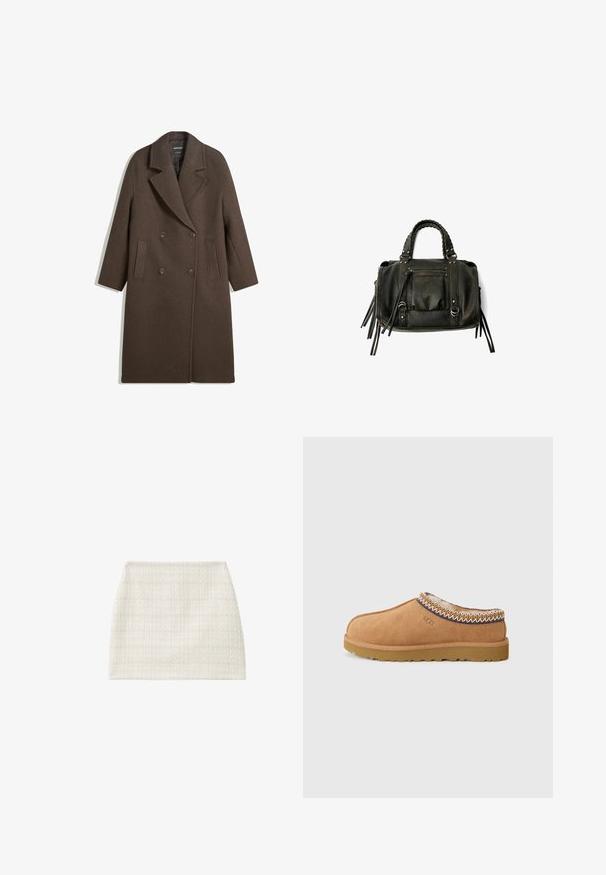 Brauner doppelt gepolsterter Wollmantel mit breiten Revers, vier Knöpfen, langen Ärmeln und zwei vorderen schrägen Taschen, flach auf einem weißen Hintergrund ausgelegt.; Weißes Langarmtop mit einem Boot-Ausschnitt. Hergestellt aus weichem Material, zeichnet sich durch ausgestellte Ärmel und einen geraden Saum aus und bietet ein einfaches und vielseitiges Design.; Weiße, texturierte Minirock mit einem gewebten Muster und gerader Silhouette. Der Stoff hat einen sanften Glanz und eine strukturierte Optik.; Beige Wildleder-Slipper mit einem strukturierten Wollfutter und dekorativer ethnischer Stickerei am Kragen. Verfügt über eine Gummisohle.; Schwarze Lederhandtasche mit geflochtenen Griffen, Reißverschlussfach und hängenden Quasten. Strukturiert Oberfläche mit Metallnieten und Hardware-Akzenten.
