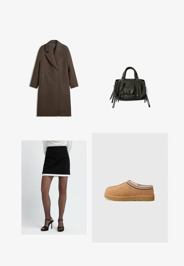 Brun dobbeltbrystet uldfrakke med brede revers, fire knapper, lange ærmer og to frontslidslommer, lagt fladt på hvid baggrund.; Hvid langærmet top med bådudskæring. Lavet af blødt materiale, harflammende ærmer og en lige kant, hvilket giver et enkelt og alsidigt design.; Sort mini-nederdel med en hvid kant, lavet af glat stof. Parret med sorte platform sandaler, der viser et minimalistisk design.; Tan ruskinds slip-on sko med et tekstureret uldfor og dekorativ etnisk-inspireret stitching rundt om kraven. Har gummisål.; Sort læderhåndtaske med flettede håndtag, lynlåslomme og hængende frynser. Tekstureret overflade med metalnitter og hardware-accenter.