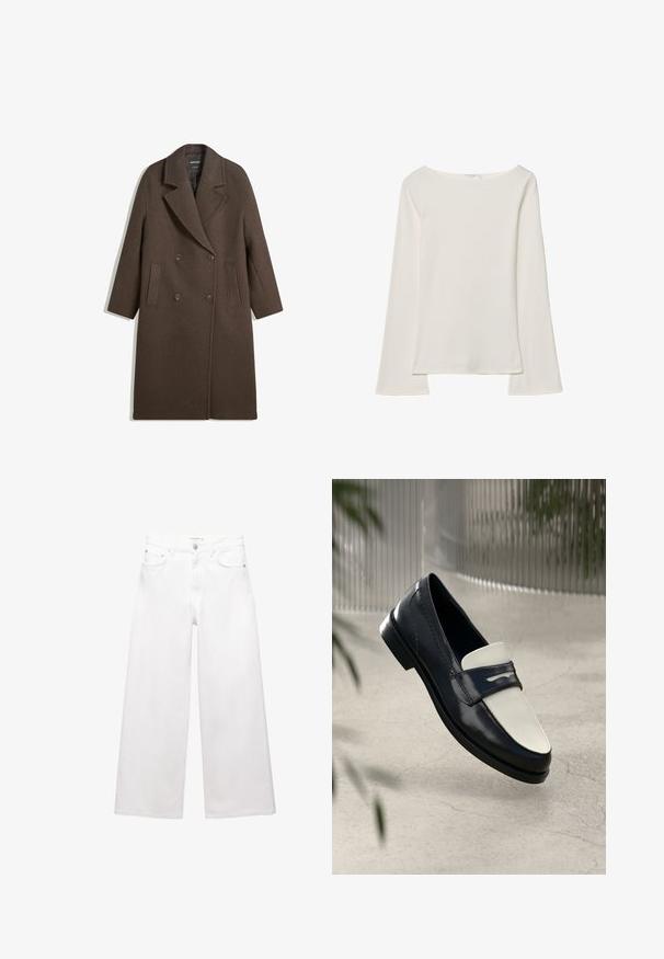 Brown double-breasted wool coat with wide lapels, four buttons, long sleeves, and two front slit pockets, laid flat on white background.; White long-sleeve top with a boat neckline. Made of soft material, features flared sleeves and a straight hem, offering a simple and versatile design.; White wide-leg jeans made of cotton, featuring a high waist, five-pocket design, and brass hardware accents. Smooth, non-distressed texture.; Black and white leather loafer shoe with decorative stitching, floating above a concrete floor with blurred plants in the background.