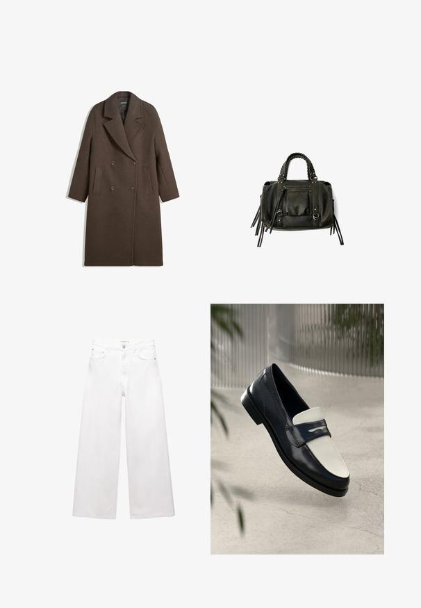 Brown double-breasted wool coat with wide lapels, four buttons, long sleeves, and two front slit pockets, laid flat on white background.; White long-sleeve top with a boat neckline. Made of soft material, features flared sleeves and a straight hem, offering a simple and versatile design.; White wide-leg jeans made of cotton, featuring a high waist, five-pocket design, and brass hardware accents. Smooth, non-distressed texture.; Black and white leather loafer shoe with decorative stitching, floating above a concrete floor with blurred plants in the background.; Black leather handbag with braided handles, zipper pocket, and hanging tassels. Textured surface with metal studs and hardware accents.