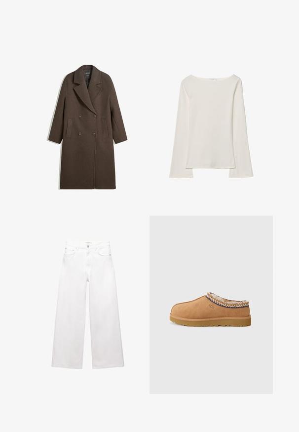 Cappotto di lana marrone a doppio petto con ampi rever, quattro bottoni, maniche lunghe e due tasche anteriori a fessura, steso su sfondo bianco.; Top bianco a maniche lunghe con scollo a barco. Realizzato in materiale morbido, presenta maniche a campana e un orlo dritto, offrendo un design semplice e versatile.; Jeans bianchi a gamba larga in cotone, caratterizzati da un'alta vita, design a cinque tasche e dettagli in ottone. Texture liscia e non trattata.; Scarpa slip-on in suede beige con una fodera in lana testurizzata e cuciture decorative in stile etnico attorno al colletto. Presenta una suola in gomma.