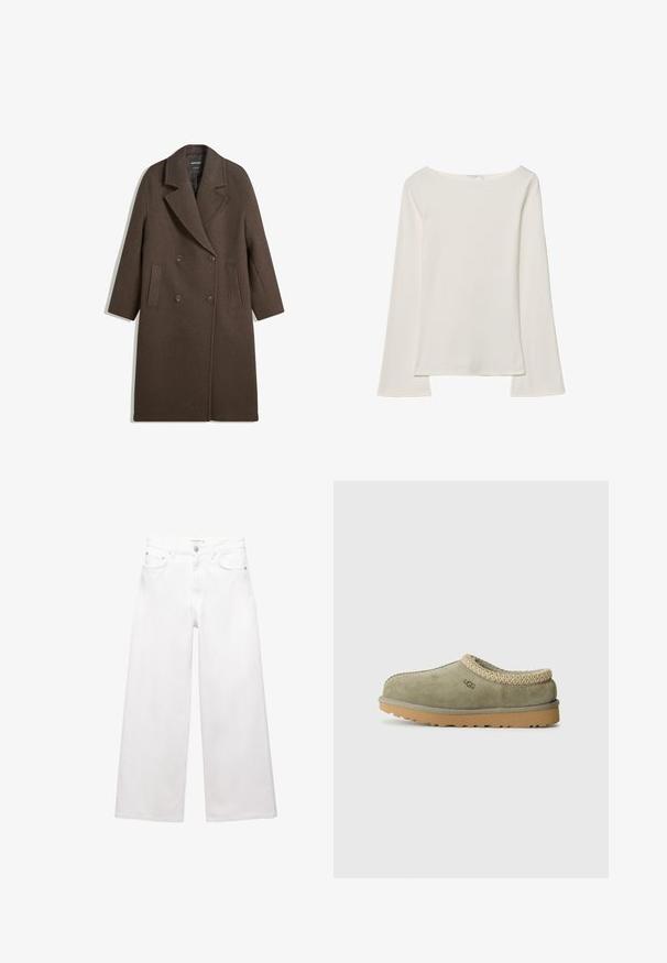 Cappotto di lana marrone a doppio petto con ampi rever, quattro bottoni, maniche lunghe e due tasche anteriori a fessura, steso su sfondo bianco.; Top bianco a maniche lunghe con scollo a barco. Realizzato in materiale morbido, presenta maniche a campana e un orlo dritto, offrendo un design semplice e versatile.; Jeans bianchi a gamba larga in cotone, caratterizzati da un'alta vita, design a cinque tasche e dettagli in ottone. Texture liscia e non trattata.; Scarpa slip-on verde in suede con colletto in maglia beige testurizzata e suola in gomma. Presenta il logo del marchio sul lato. Design semplice con punta rotonda.