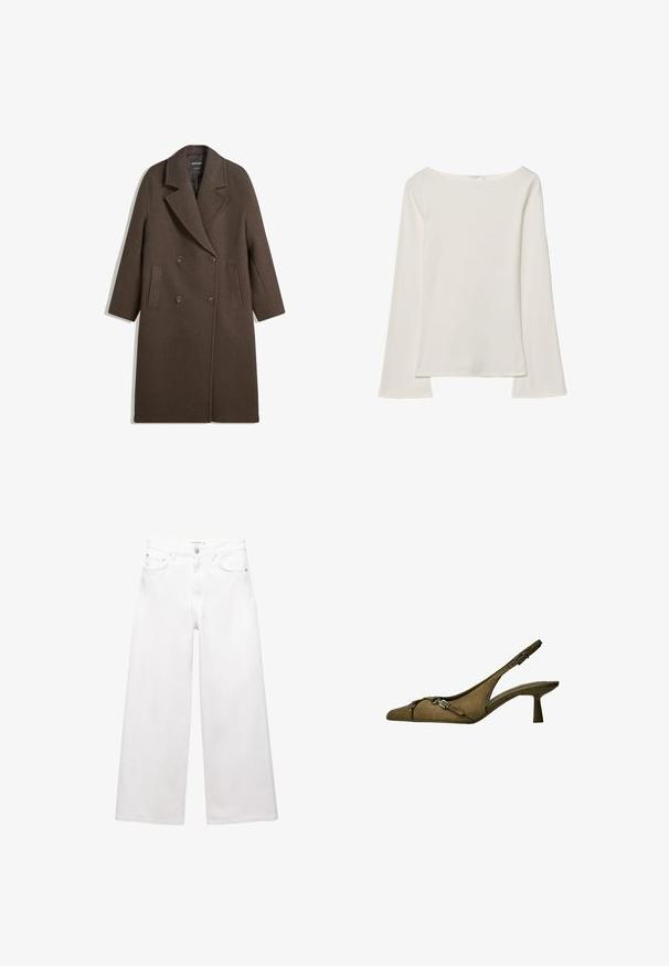Hnědý dvouřadý vlněný kabát s širokými klopami, čtyřmi knoflíky, dlouhými rukávy a dvěma předními šikmými kapsami, položený na bílém pozadí.; Bílý dlouhý rukáv top s lodičkovým výstřihem. Vyroben z měkkého materiálu, má zvonové rukávy a rovný lem, nabízí jednoduchý a univerzální design.; Bílé široké džíny vyrobené z bavlny, s vysokým pasem, pěti kapsami a akcenty z mosazného hardwaru. Hladká, nedotčená textura.; Sukně olivově zelené semišové lodičky na podpatku se špičatou špičkou, nastavitelným popruhem a detailním stříbrným sponou; nízký, rozšířený podpatek pro stabilitu.