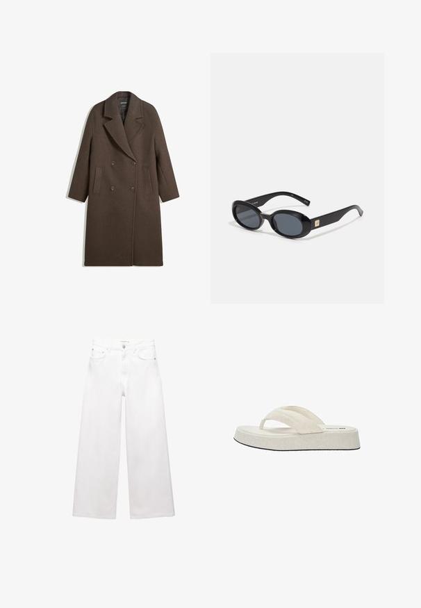 Brown double-breasted wool coat with wide lapels, four buttons, long sleeves, and two front slit pockets, laid flat on white background.; White long-sleeve top with a boat neckline. Made of soft material, features flared sleeves and a straight hem, offering a simple and versatile design.; White wide-leg jeans made of cotton, featuring a high waist, five-pocket design, and brass hardware accents. Smooth, non-distressed texture.; Beige flip-flop with a textured fabric upper, two straps, and a flat, cushioned sole featuring a black outsole. Simple, minimalist design.; Black oval sunglasses with dark lenses, glossy plastic frame, wide arms, and a small gold accent on one side.; Black leather handbag with braided handles, zipper pocket, and hanging tassels. Textured surface with metal studs and hardware accents.