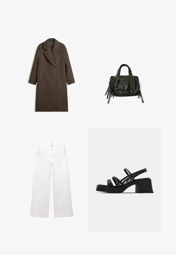 Bruna villakangastakki, jossa on leveät läpät, neljä nappia, pitkät hihat ja kaksi etureikätaskua, aseteltuna tasaisesti valkoiselle taustalle.; Valkoinen pitkähihainen paita, jossa on venepääntie. Valmistettu pehmeästä materiaalista, jossa on leveät hihat ja suora helma, mikä tarjoaa yksinkertaisen ja monikäyttöisen muotoilun.; Valkoiset leveälahkeiset farkut, jotka on valmistettu puuvillasta, sisältävät korkeavyötärön, viisi taskua ja messinkiset yksityiskohdat. Sujuva, ei kulutettu pinta.; Mustat korot sandaalit, joissa on useita ohuita hihnoja ja leveä paksu korko. Tyylikäs muotoilu, jossa on matta pinta. Jalanpohjassa on hieman kaarevuutta.; Musta nahkainen käsilaukku letitetuilla kahvoilla, vetoketjullinen tasku ja roikkuvat tupsut. Muotoiltu pinta metallisten niittien ja varusteiden korostuksilla.