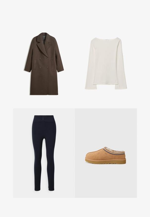 Cappotto di lana marrone a doppio petto con ampi rever, quattro bottoni, maniche lunghe e due tasche anteriori a fessura, steso su sfondo bianco.; Top bianco a maniche lunghe con scollo a barco. Realizzato in materiale morbido, presenta maniche a campana e un orlo dritto, offrendo un design semplice e versatile.; Yogasearcher NALA - Leggings - navy; Scarpa slip-on in suede beige con una fodera in lana testurizzata e cuciture decorative in stile etnico attorno al colletto. Presenta una suola in gomma.