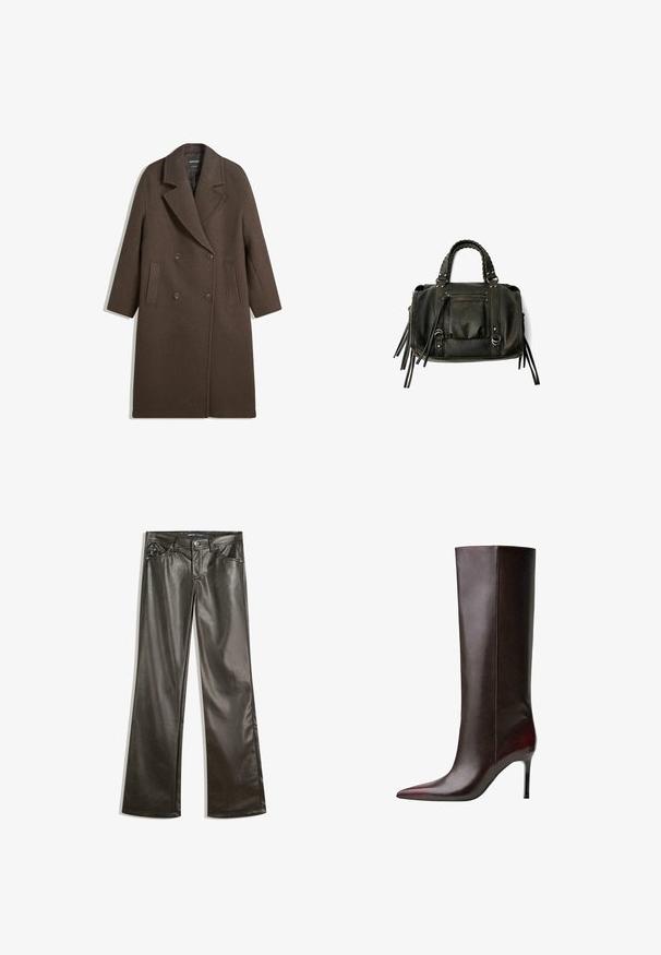 Brun dubbelknäppt ulljacka med breda slag, fyra knappar, långa ärmar och två framfickor, liggande platt på vit bakgrund.; Krämfärgad långärmad topp med bred halsringning och utsvängda ärmar. Mjuk, lätt tyg. Enkel, minimalistisk design utan dekorationer.; Svarta byxor i konstläder med raka ben, framfickor, bältesöglor och knappstängning i midjan.; Bruna läderknähöga stövlar med en spetsig tådesign, slät textur och stilettklack. Sömmar längs sidan.; Svart läderhandväska med flätade handtag, dragkedjefack och hängande pom poms. Texturerad yta med metallnitar och hårdvaruaccenter.