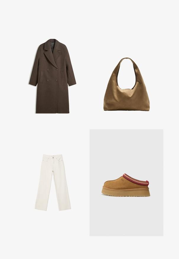 Hnedý dvojradový vlnený kabát so širokými klopami, štyrmi gombíkmi, dlhými rukávmi a dvoma prednými rozparkami, položený na bielom pozadí.; Biely bavlnený tričko s krátkym rukávom a okrúhlym výstrihom. Jednoduchý dizajn, voľný strih, hladká textúra. Žiadne vzory ani akcenty nie sú viditeľné.; Biele široké rifle vyrobené z denimu, s vysokým pásom, prednými vreckami a zapínaním na gombík. Čistý dizajn s minimálnymi akcentmi.; Hnedá semišová obuv na slip-on s červeným a krémovým vzorovaným lemovaním, textúrovanou podrážkou a logom UGG na boku. Obsahuje mierne zvýšenú platformu.; Hnedá látková taška cez rameno s širokým, zaobleným telom a veľkým vyrezaným uchom. Mäkčená textúra, minimalistický dizajn a bez viditeľného kovania.