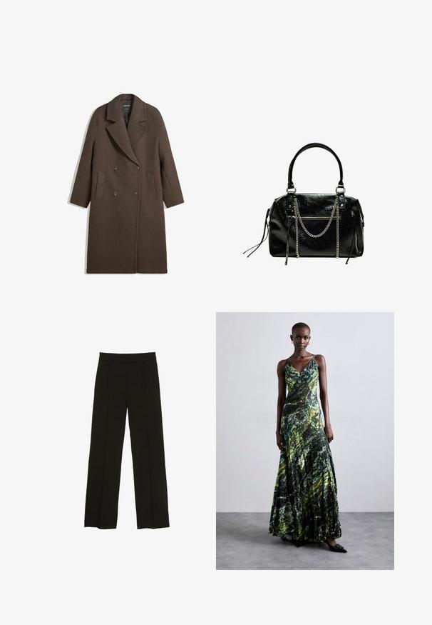 Hnedý dvojradový vlnený kabát so širokými klopami, štyrmi gombíkmi, dlhými rukávmi a dvoma prednými rozparkami, položený na bielom pozadí.; Čierna bavlnená tkanina s hladkou textúrou a okrúhlym výstrihom, s jemným, rovnomerným zrnom. Žiadne viditeľné logo ani akcenty.; Čierne široké nohavice vyrobené z hladkej tkaniny, so priliehavým pásom a jemnými prednými záhybmi pre zvýšenie textúry.; Maxi šaty v zelenej a čiernej mramorovej štruktúre, vyrobené z ľahkého materiálu. Má V-výstrih, tenké ramienka a voľný siluetu.; Bershka WITH CHAIN - Kabelka - black