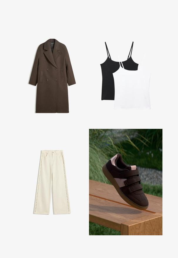Brauner doppelt gepolsterter Wollmantel mit breiten Revers, vier Knöpfen, langen Ärmeln und zwei vorderen schrägen Taschen, flach auf einem weißen Hintergrund ausgelegt.; Zwei Tops in Schwarz und Weiß; jedes verfügt über dünne, verstellbare Träger, eine glatte Textur und ein einfaches, gerades Design.; Helle cremefarbene weit geschnittene Jeans mit Metallnieten entlang der äußeren Nähte, fünf Taschen und einem normalen Knopfverschluss.; Braune Wildledersneaker mit einem pinken Akzentstreifen, ausgestattet mit drei Klettverschlüssen und einer strukturierten Gummisohle, auf einer Holzoberfläche platziert.