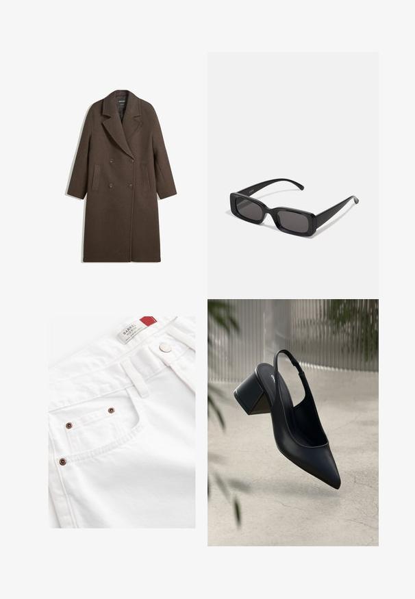Hnědý dvouřadý vlněný kabát s širokými klopami, čtyřmi knoflíky, dlouhými rukávy a dvěma předními šikmými kapsami, položený na bílém pozadí.; Beige dlouhý rukáv top s kulatým výstřihem a nařasením po stranách, vyrobený z měkké, texturované látky.; Bílé denimové šortky s polovyšším pasem, pěti-kapsovým stylem a měděnými akcenty. Texturovaná látka se šitými detaily.; Černé kožené lodičky na podpatku se špičatou špičkou a blokovým podpatkem. Hladký povrch, minimalistický design a nastavitelné řemínky kolem kotníku.; Černé obdélníkové sluneční brýle s tmavými skly, lesklým povrchem, širokými ramínky a robustním designem rámu. Vytlačený název značky na jednom ramínku.