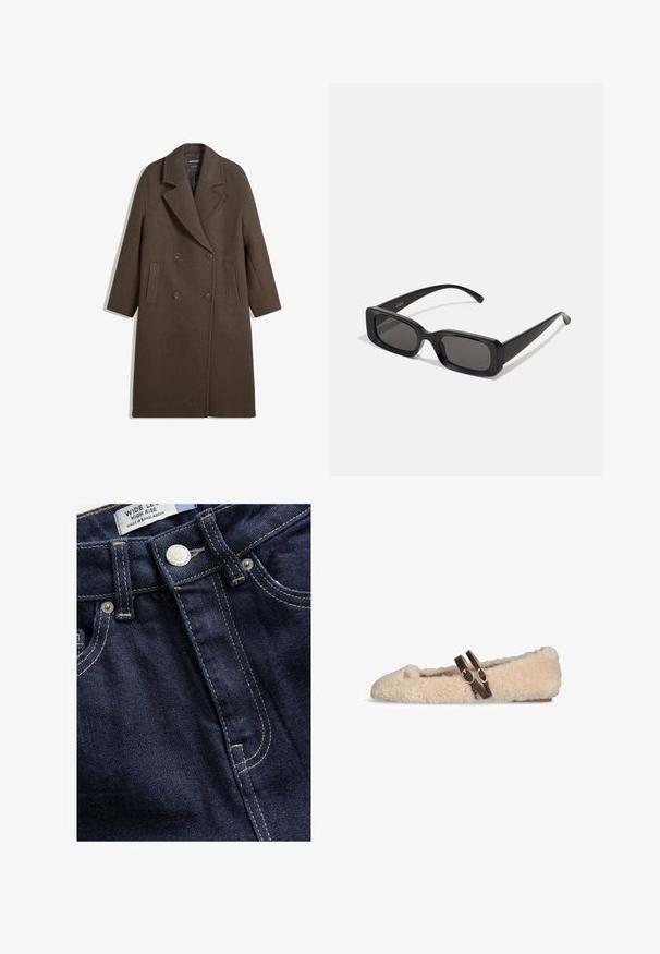 Bruine dubbel-breasted wollen jas met brede revers, vier knopen, lange mouwen en twee voorzakken, plat gelegd op een witte achtergrond.; Beige langemouwtop met een ronde hals en geraffineerde details aan de zijkanten, vervaardigd uit een zachte, gestructureerde stof.; Next WIDE - Wide leg - rinse; Beige, pluizige platte schoen met twee donkerbruine, verstelbare gespbandjes over de bovenkant en een klein gouden embleem nabij de tenen.; Zwarte rechthoekige zonnebril met donkere lenzen, glanzende afwerking, brede pootjes en een robuust frameontwerp. Gegraveerde merknaam op één van de pootjes.