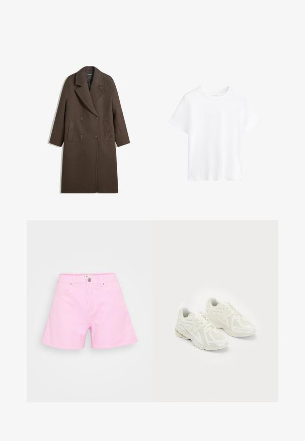 Bruine dubbel-breasted wollen jas met brede revers, vier knopen, lange mouwen en twee voorzakken, plat gelegd op een witte achtergrond.; Witte katoenen t-shirt, korte mouwen, ronde halslijn, relaxte pasvorm, gladde textuur, geen patronen of accenten, eenvoudig ontwerp, veelzijdige stijl.; Roze gestreepte shorts van lichtgewicht stof, met een knoopsluiting, twee voorkantzakken en een ontspannen pasvorm voor comfort.; Witte sportschoenen van mesh en synthetische materialen, vetersluiting, gevoerde kraag en een gestructureerde zool voor grip. Lichtgewicht constructie.