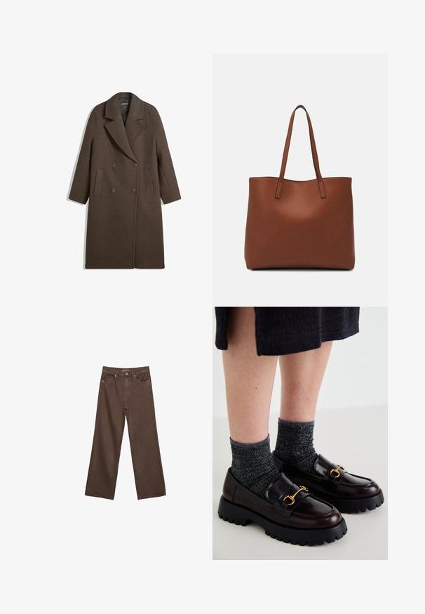 Manteau en laine marron à double boutonnage avec larges revers, quatre boutons, manches longues et deux poches avant fendues, posé à plat sur un fond blanc.; T-shirt blanc à manches courtes en coton. Doté d'un col ras du cou et d'une coupe décontractée. Texture lisse sans motifs ni accents visibles.; Jean brown à jambes larges en denim, doté d'une taille haute, de poches avant et d'une fermeture à bouton classique. Texture lisse avec des coutures subtiles.; Call it Spring CLUELESSS - Chaussons - dark brown; Sac fourre-tout en cuir marron avec une texture lisse, design à ouverture supérieure et deux poignées pour le porter à l'épaule. Présente des coutures minimales et aucun matériel visible.