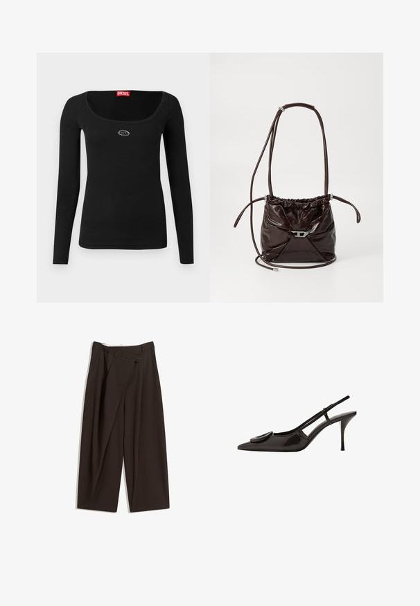 Smeđi vuneni kaput s dvostrukim kopčanjem, širokim reverima, četiri gumba, dugim rukavima i dva prednja proreza, položen ravno na bijeloj podlozi.; Crna majica s dugim rukavima od rebrastog tkanja, s širokim okruglim izrezom i malim srebrnim logotipom na prsima. Ugladak tekstura.; Tamno smeđe široke hlače s visokim strukom, s jednim dugmadi na zakopčavanju i pregibom sprijeda. Izrađene od laganog materijala.; Crne lakirane slingback cipele s oštrim vrhom, minimalističkim dizajnom, malim okruglim akcentom na prednjem dijelu i uskim potpeticama.; Tamnosmeđa sjajna kožna torba za rame s nabranim gornjim dijelom i tankim podesivim remenom, s malim detaljem kopče u srebrnoj boji na prednjoj strani.