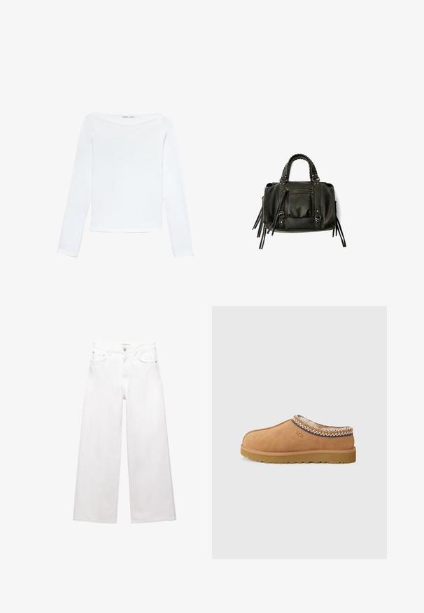 Hnedý dvojradový vlnený kabát so širokými klopami, štyrmi gombíkmi, dlhými rukávmi a dvoma prednými rozparkami, položený na bielom pozadí.; Biela dlhá rukávová košeľa s lodičkovým výstrihom, úzky strih a hladká textúra, položená na bielom pozadí.; Biele široké džínsy vyrobené z bavlny, s vysokým pásom, piatimi vreckami a mosadznými doplnkami. Hladká, nedotknutá textúra.; Béžové semišové slip-on topánky s textúrovanou vlnenou podšívkou a dekoratívnym etnickým šitím okolo goliera. Majú gumovú podrážku.; Čierna kožená kabelka s vrkočovými uchami, zipsovou kapsou a zavesenými strapcami. Textúrovaný povrch s kovovými cvokmi a akcentmi z kovu.