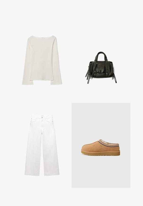 Bruine dubbel-breasted wollen jas met brede revers, vier knopen, lange mouwen en twee voorzakken, plat gelegd op een witte achtergrond.; Witte longsleeve top met een bootnek. Gemaakt van zachte stof, met flare mouwen en een rechte zoom, biedt een eenvoudig en veelzijdig ontwerp.; Witte wijde jeans van katoen, met een hoge taille, vijf-pocket ontwerp en koperen hardware accenten. Glad, niet-gedistressed textuur.; Tan suede instapschoen met een gestructureerde wollen voering en decoratieve etnische stiksel rond de kraag. Voorzien van een rubberen zool.; Zwarte lederen handtas met gevlochten handvatten, ritsvak en hangende franjes. Gelaagde oppervlakte met metalen studs en hardwareaccenten.