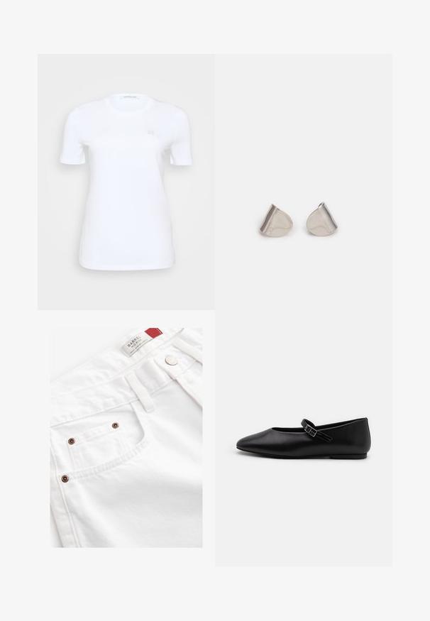 Barna, dupla soros gyapjú kabát széles hajtókákkal, négy gombbal, hosszú ujjakkal és két elülső hasíték zsebbel, fehér háttéren elterítve.; Calvin Klein Jeans PLUS EMBRO BADGE REGULAR TEE - Basic póló - bright white; Fehér farmer rövidnadrág, közepes derékkal, öt zsebes stílusban, rézszínű fémrészletekkel. Texturált anyag, varrott díszítéssel.; Fekete bőrből készült lapos cipő, hegyes orral, állítható pánttal és alacsony sarokkal. Simább textúrával és minimalista dizájnnal rendelkezik, alkalmas különböző öltözetekhez.; Ezüst fém fülbevalók sima, csepp alakú formával és fényes felülettel. Finom gravírozások teszik részletessé. Minimalista dizájn.