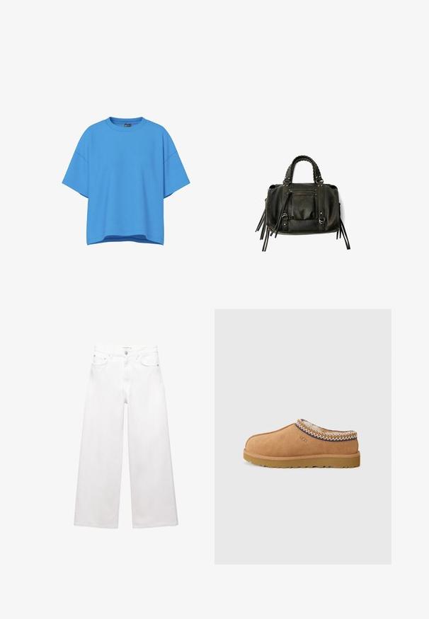 Cappotto di lana marrone a doppio petto con ampi rever, quattro bottoni, maniche lunghe e due tasche anteriori a fessura, steso su sfondo bianco.; T-shirt a maniche corte, oversize, di un vivace colore blu. Realizzata in cotone, presenta un colletto rotondo e una vestibilità rilassata.; Jeans bianchi a gamba larga in cotone, caratterizzati da un'alta vita, design a cinque tasche e dettagli in ottone. Texture liscia e non trattata.; Scarpa slip-on in suede beige con una fodera in lana testurizzata e cuciture decorative in stile etnico attorno al colletto. Presenta una suola in gomma.; Borsa a tracolla in pelle nera con manici intrecciati, tasca con zip e nappine pendenti. Superficie texturizzata con borchie metalliche e dettagli in metallo.